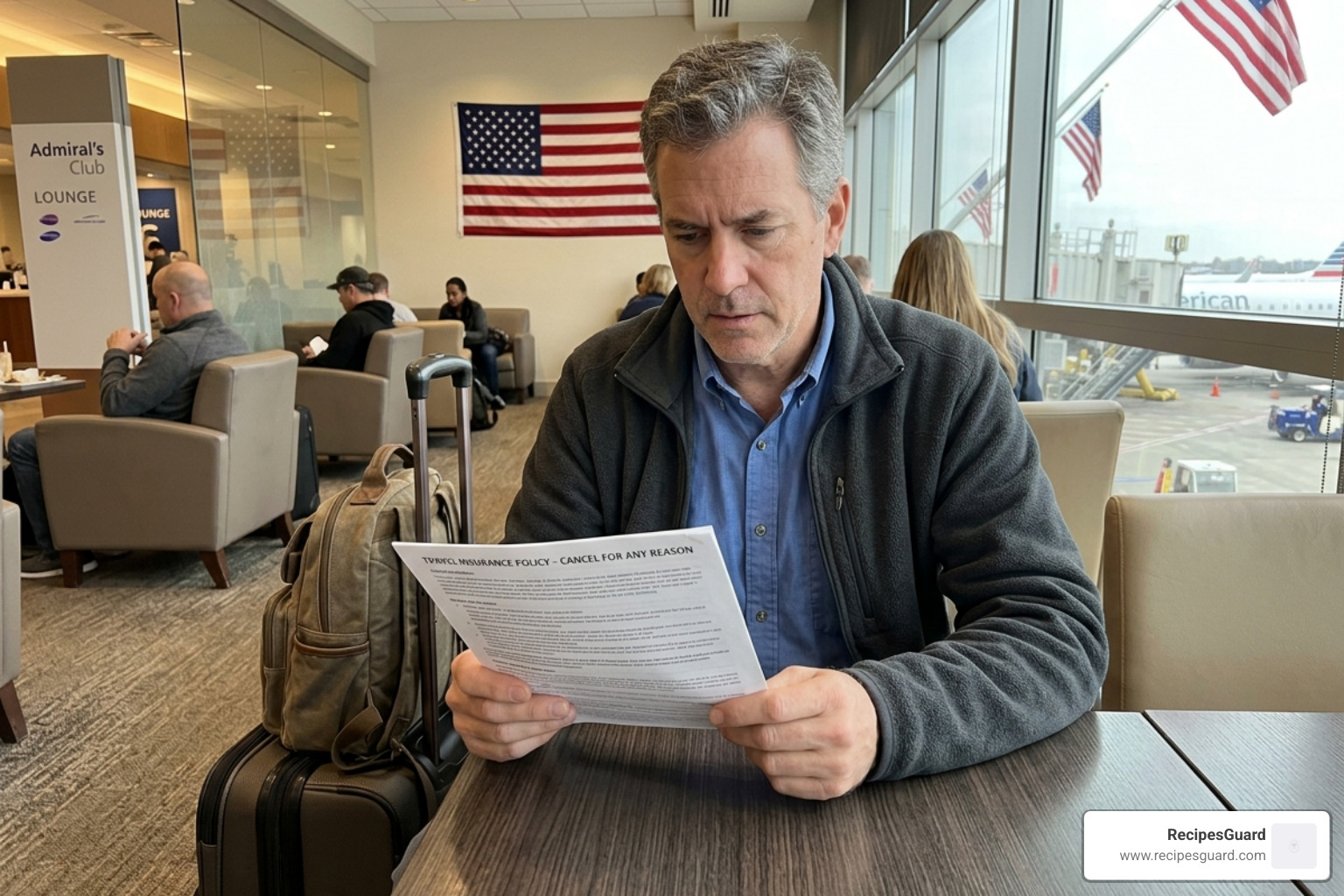 A traveler looking at a "Cancel for Any Reason" policy document - trip cancellation interruption