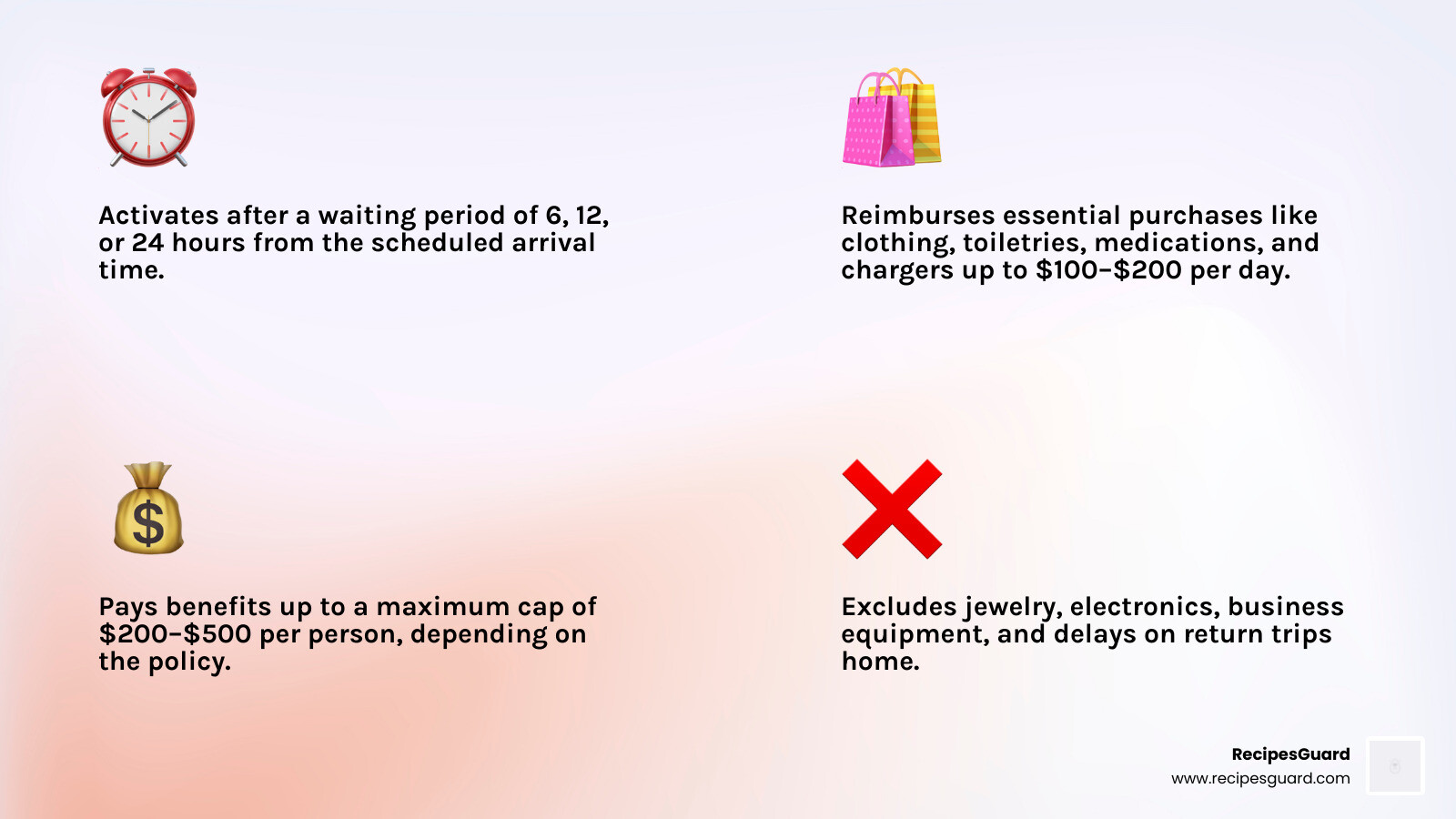 infographic showing baggage delay vs baggage loss coverage comparison with key limits and triggers - baggage delay insurance