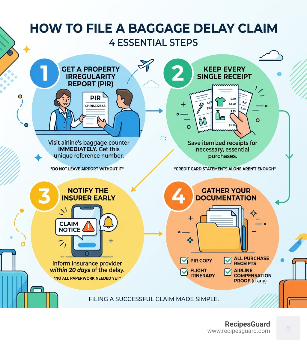 infographic showing the 4 steps to filing a baggage delay claim - baggage delay insurance infographic 