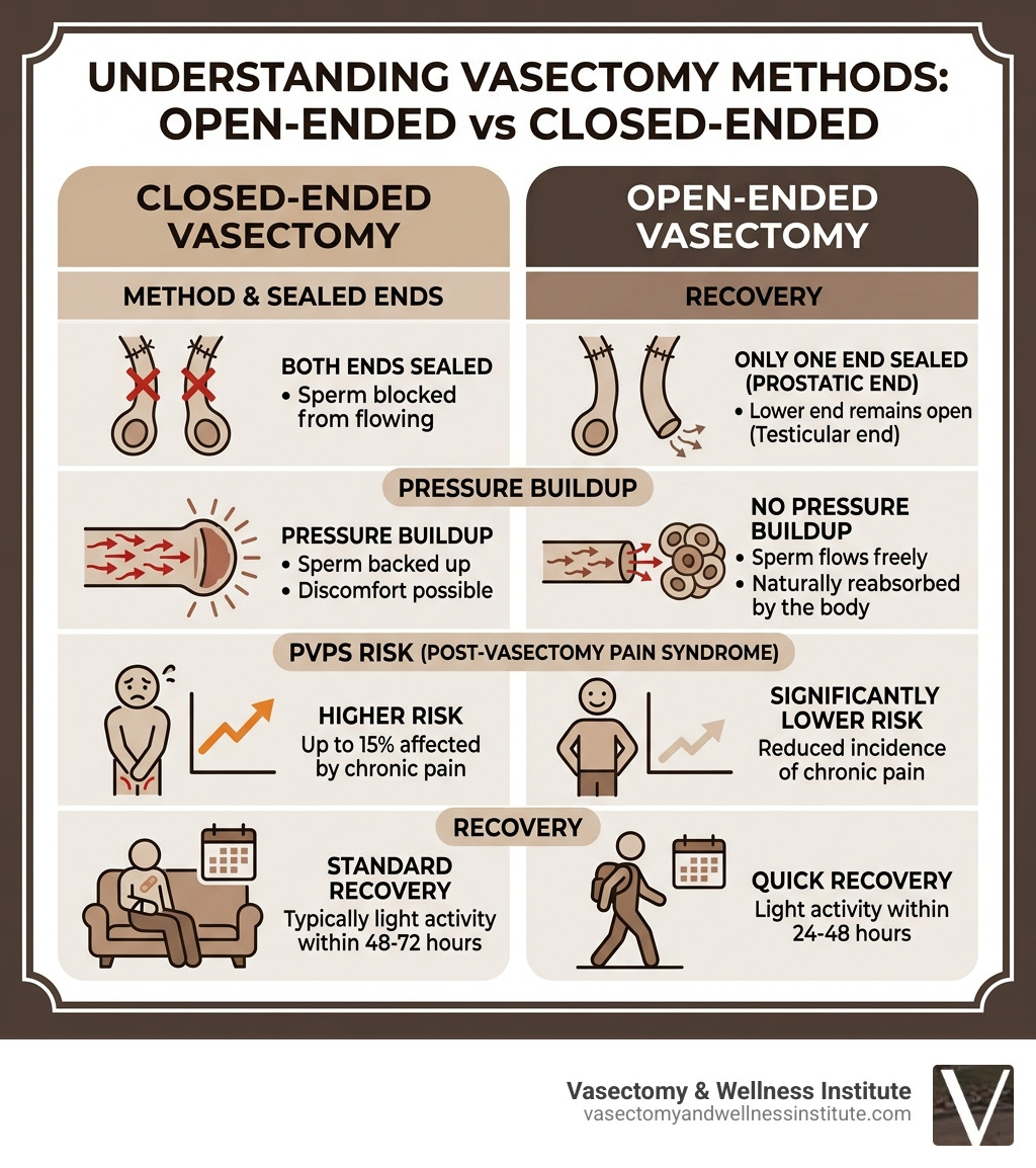 Infographic comparing open-ended vs closed-ended vasectomy: sealed ends, pressure buildup, PVPS risk, and recovery