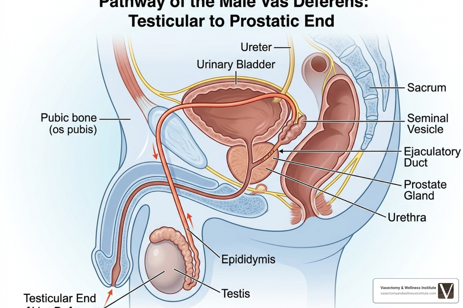 anatomical diagram of the vas deferens showing the testicular and prostatic ends - open-ended vasectomy procedure