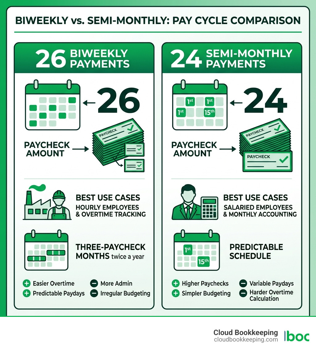 Infographic comparing 26 biweekly vs 24 semi-monthly pay periods, paycheck amounts, and best use cases - biweekly vs semi