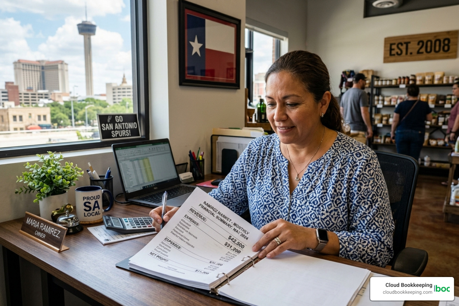 Small business owner in San Antonio looking over clear financial reports - biweekly vs semi monthly payroll