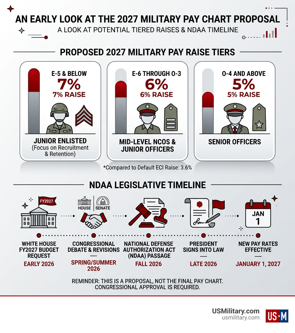 Infographic showing proposed 2027 military pay raise tiers and NDAA legislative timeline - An Early Look At Thw 2027