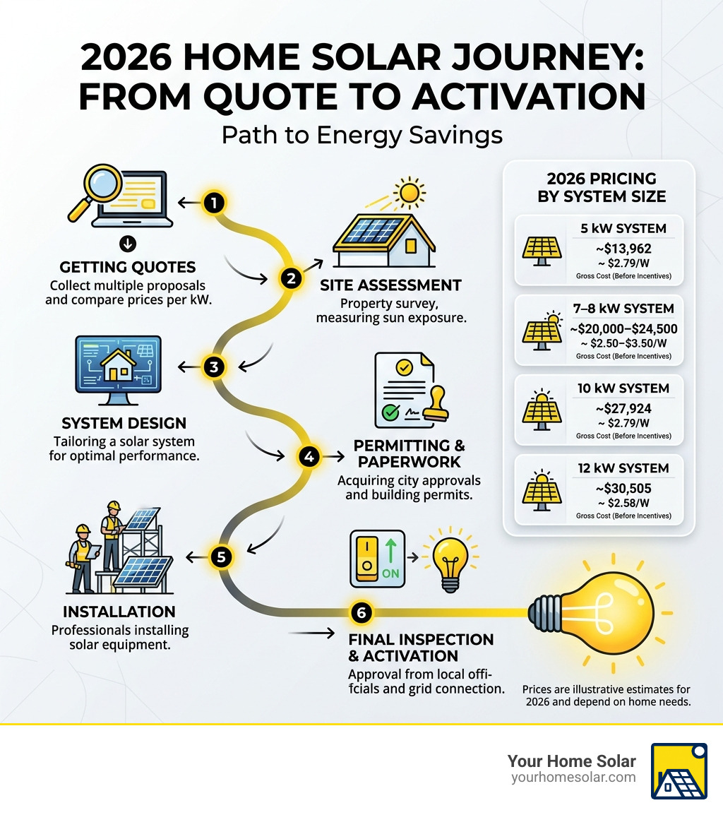 Infographic showing 2026 home solar cost journey from quote to activation with pricing by system size - average cost home Infographic showing 2026 home solar cost journey from quote to activation with pricing by system size - average cost home