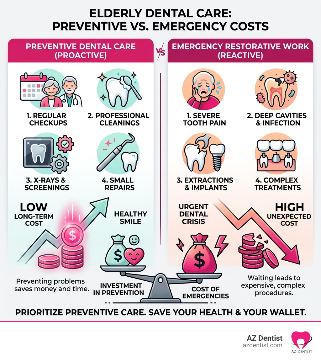 Infographic showing the cost-benefit of preventive dental care versus emergency restorative work - elderly dental care Infographic showing the cost-benefit of preventive dental care versus emergency restorative work - elderly dental care