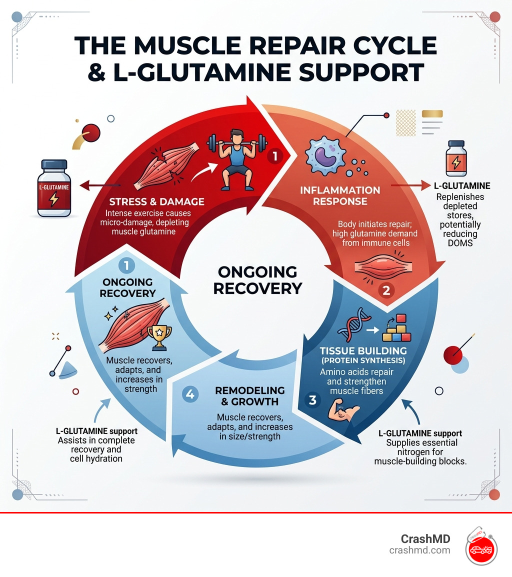 Infographic showing the muscle repair cycle and how L-glutamine supports each stage - L-glutamine muscle recovery Infographic showing the muscle repair cycle and how L-glutamine supports each stage - L-glutamine muscle recovery