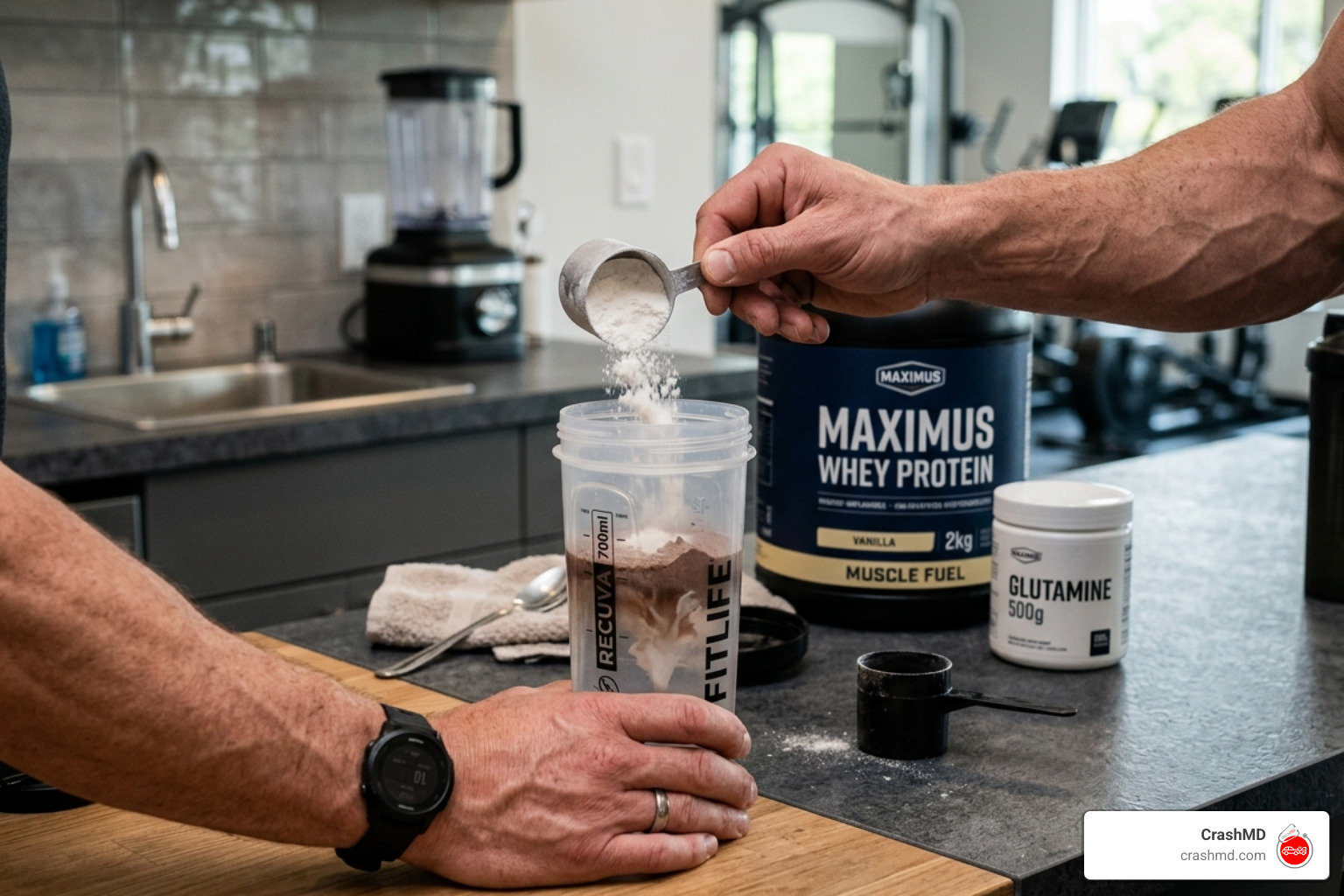 Mixing L-glutamine powder into a recovery shake - L-glutamine muscle recovery Mixing L-glutamine powder into a recovery shake - L-glutamine muscle recovery