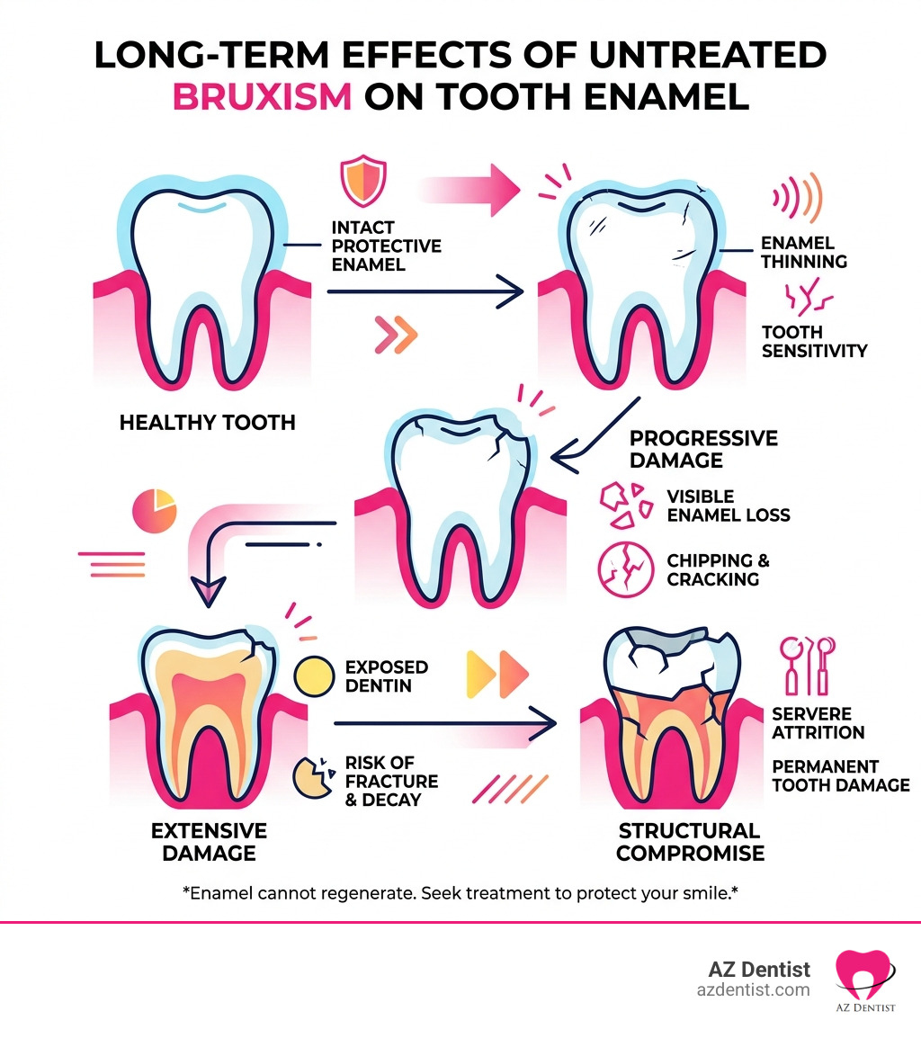 Infographic showing long-term effects of untreated bruxism on tooth enamel - dentist night guard infographic 