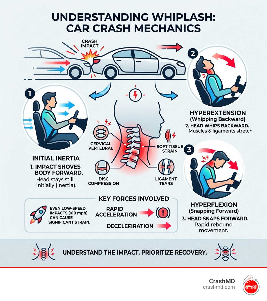 Whiplash mechanics and inertia during a car crash — infographic showing head movement and force - Neck pain car crash