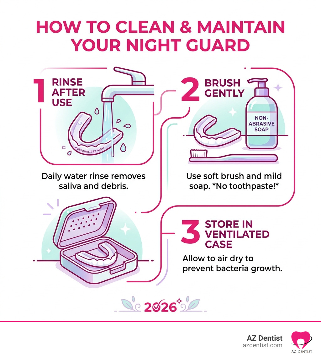 Infographic on how to clean and maintain your night guard: rinse after use, brush gently with non-abrasive soap, and store Infographic on how to clean and maintain your night guard: rinse after use, brush gently with non-abrasive soap, and store