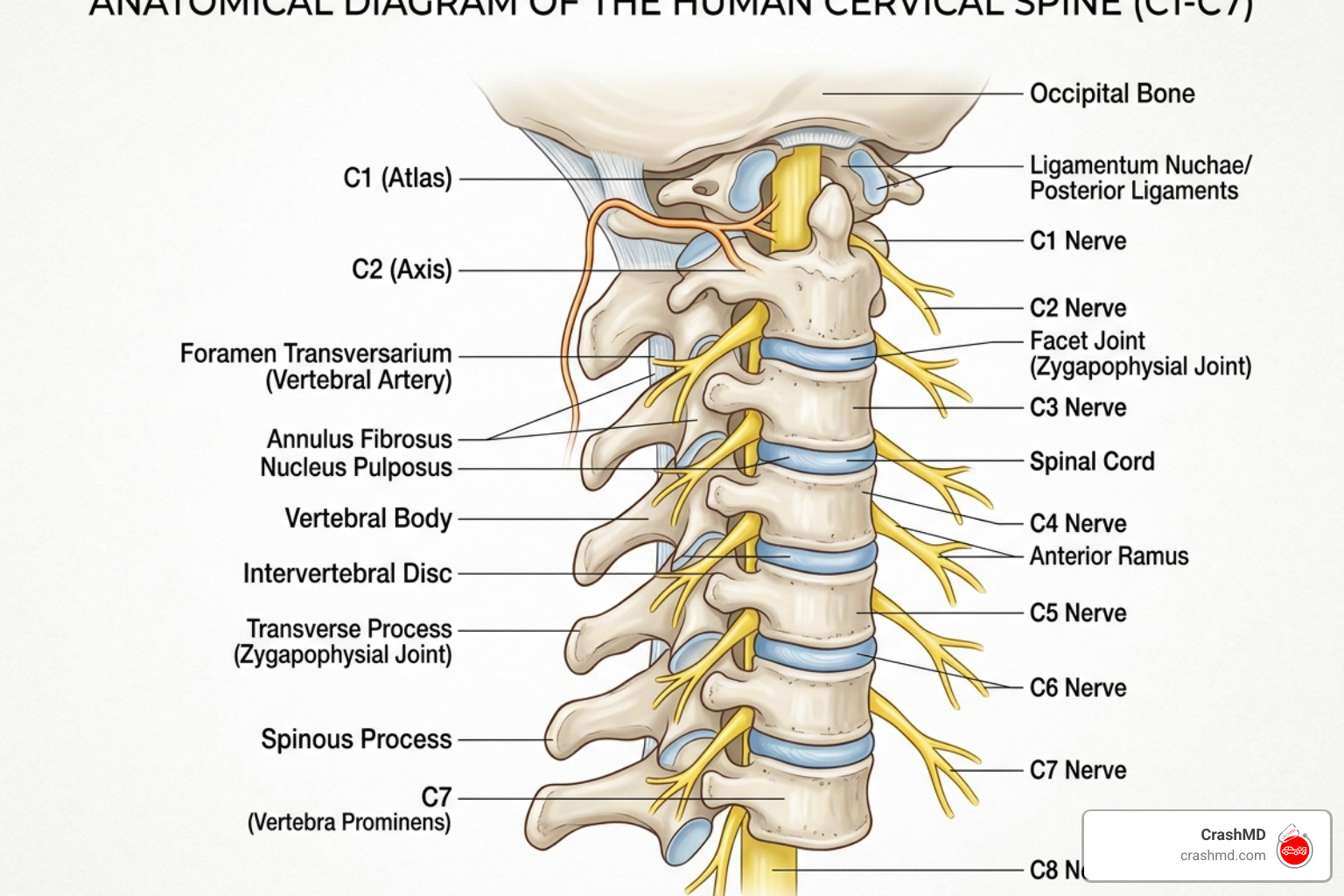 Diagram of the cervical spine C1-C7 showing vertebrae, discs, and nerves - Neck pain car crash