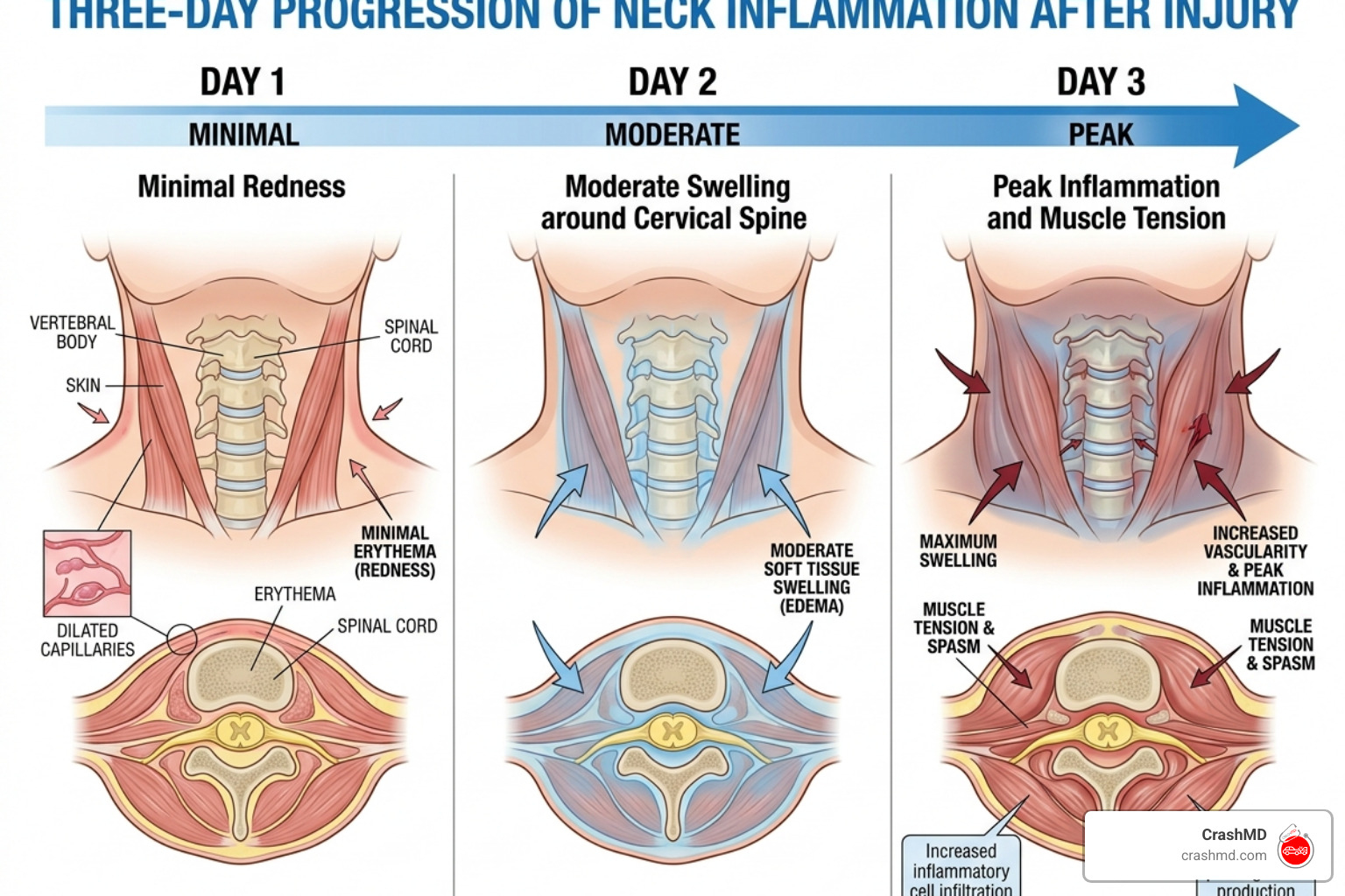 Progression of inflammation over three days following a neck injury - Neck pain car crash