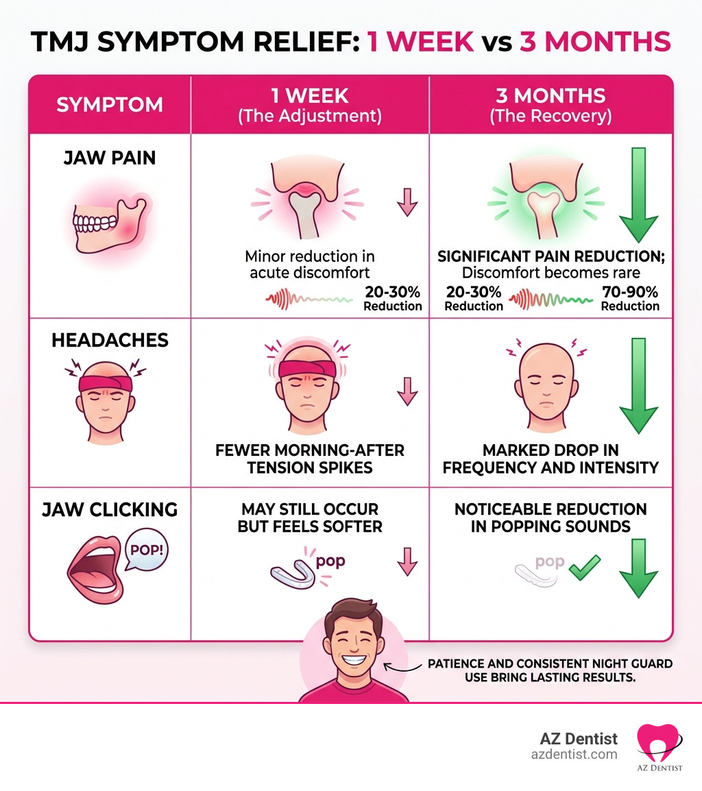 Table comparing TMJ symptom relief at 1 week vs 3 months - before and after tmj night guard infographic Table comparing TMJ symptom relief at 1 week vs 3 months - before and after tmj night guard infographic