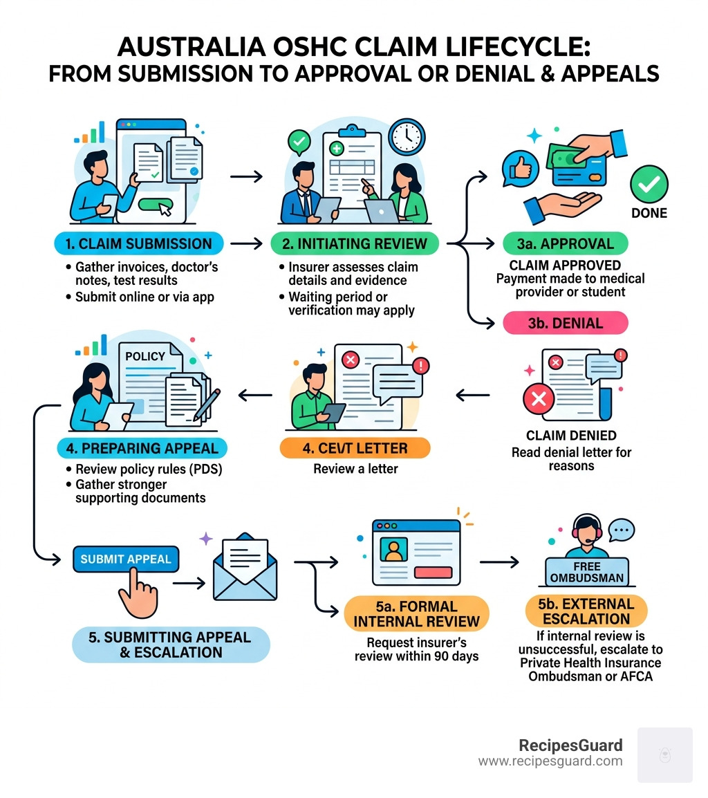 OSHC claim lifecycle from submission to approval or denial and appeal steps - australia oshc claim denied infographic 