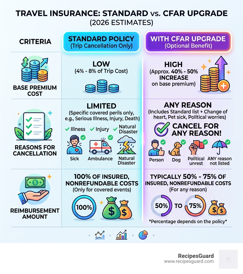 table comparing standard policy costs vs. CFAR upgrades - travel insurance refund for any reason infographic 
