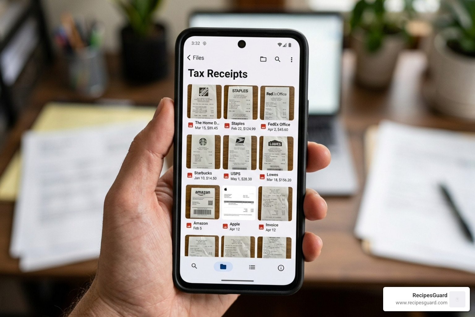 Close-up of a smartphone screen showing a dedicated folder named "Tax Receipts" with various photos of invoices - australia
