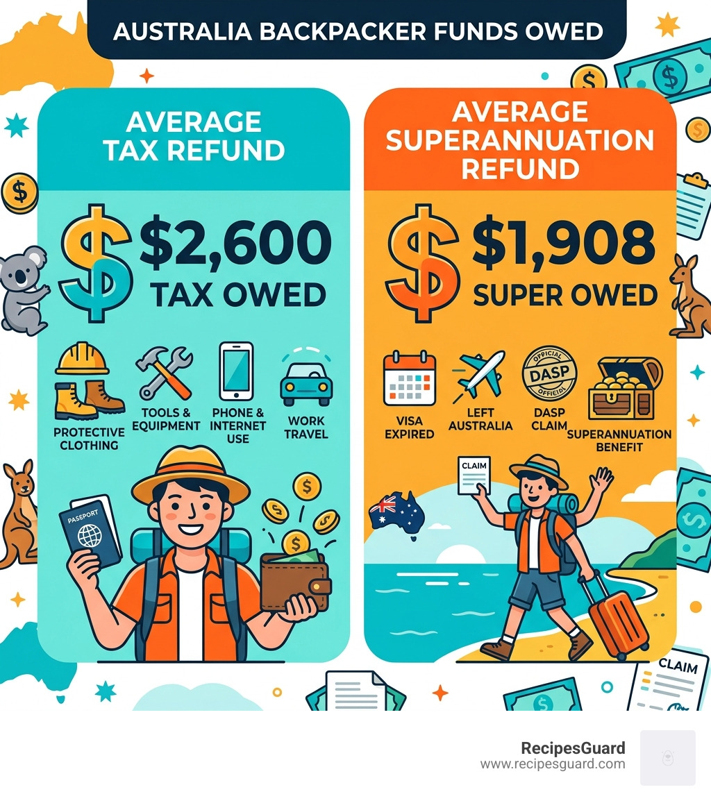 Infographic showing that backpackers are owed an average of $2,600 in tax and $1,908 in superannuation - australia