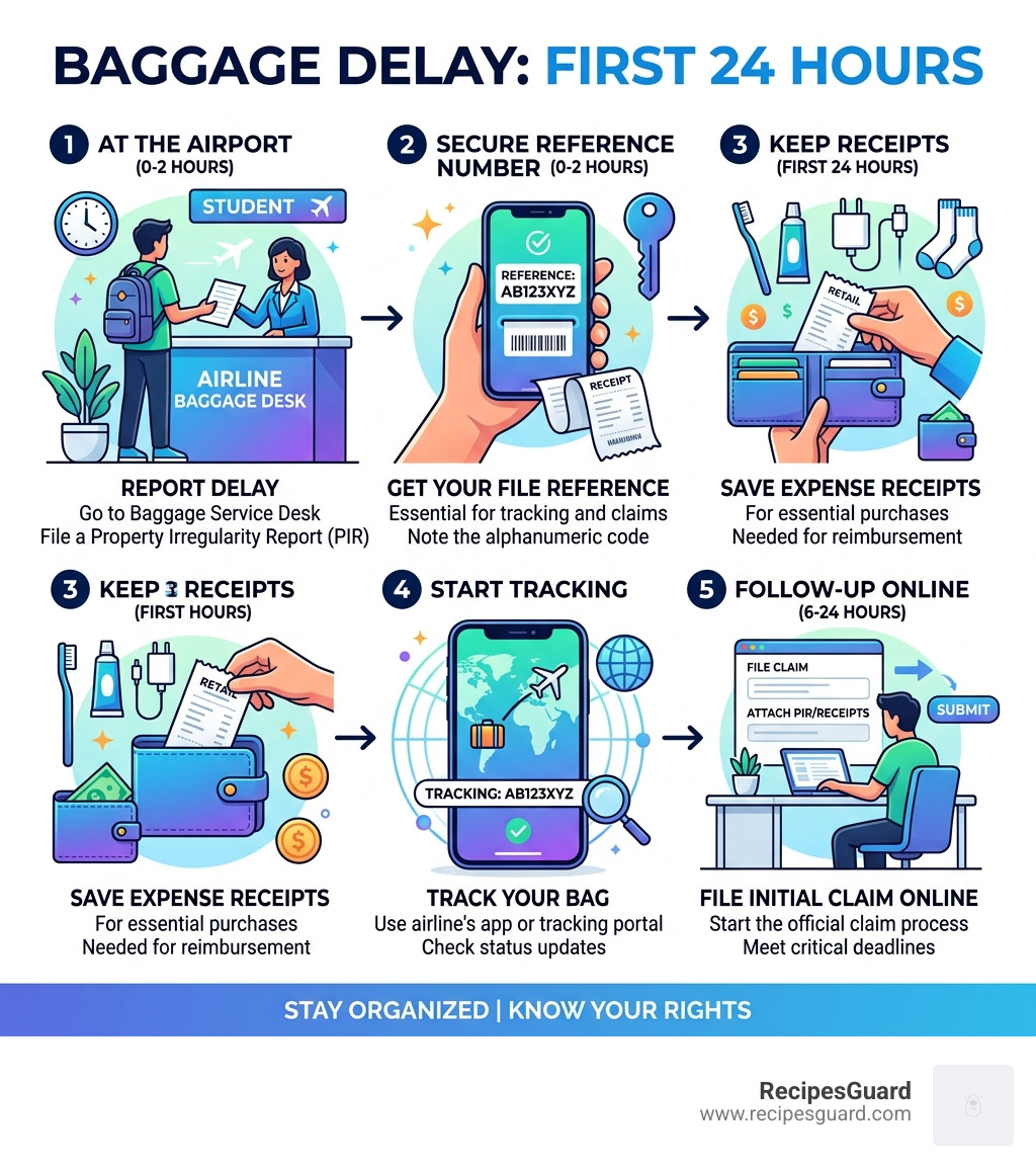 Step-by-step infographic: first 24 hours after a baggage delay, from reporting to tracking - file baggage delay claim