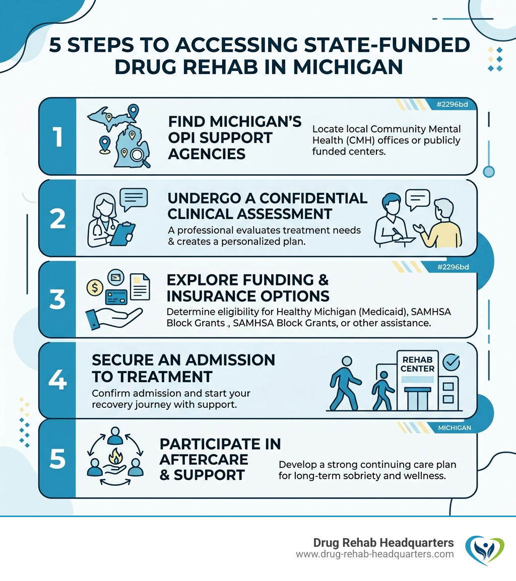 5 steps to accessing state-funded drug rehab in Michigan infographic - Michigan free drug rehab infographic 