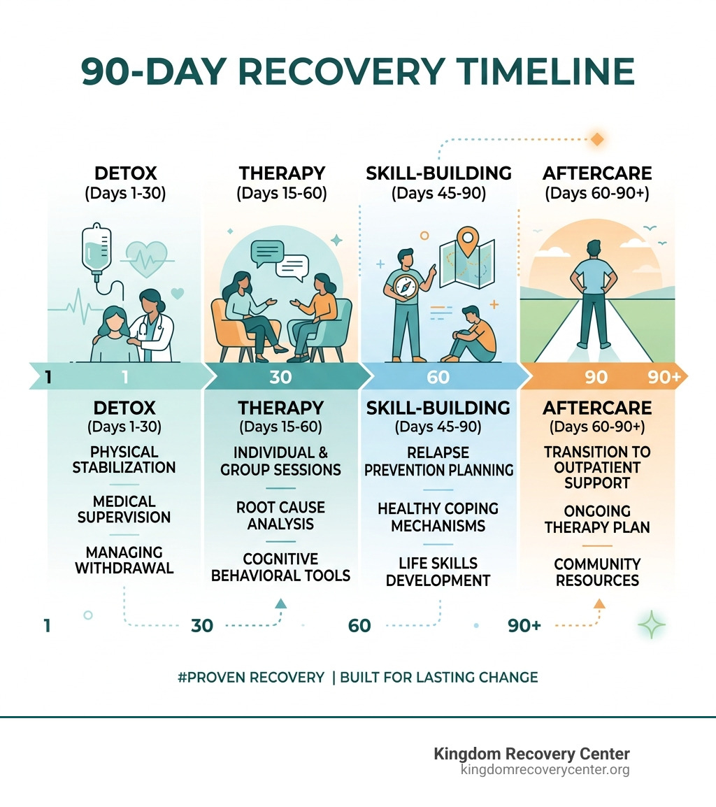90-day recovery timeline infographic showing detox, therapy, skill-building, and aftercare phases - 90 day treatment plans