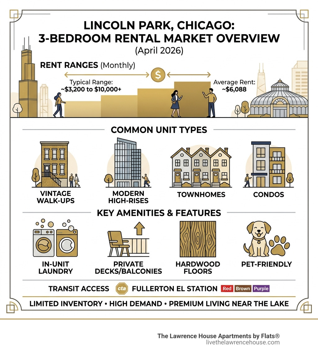 Lincoln Park Chicago 3-bedroom rental market overview infographic with rent ranges, unit types, and key amenities - 3