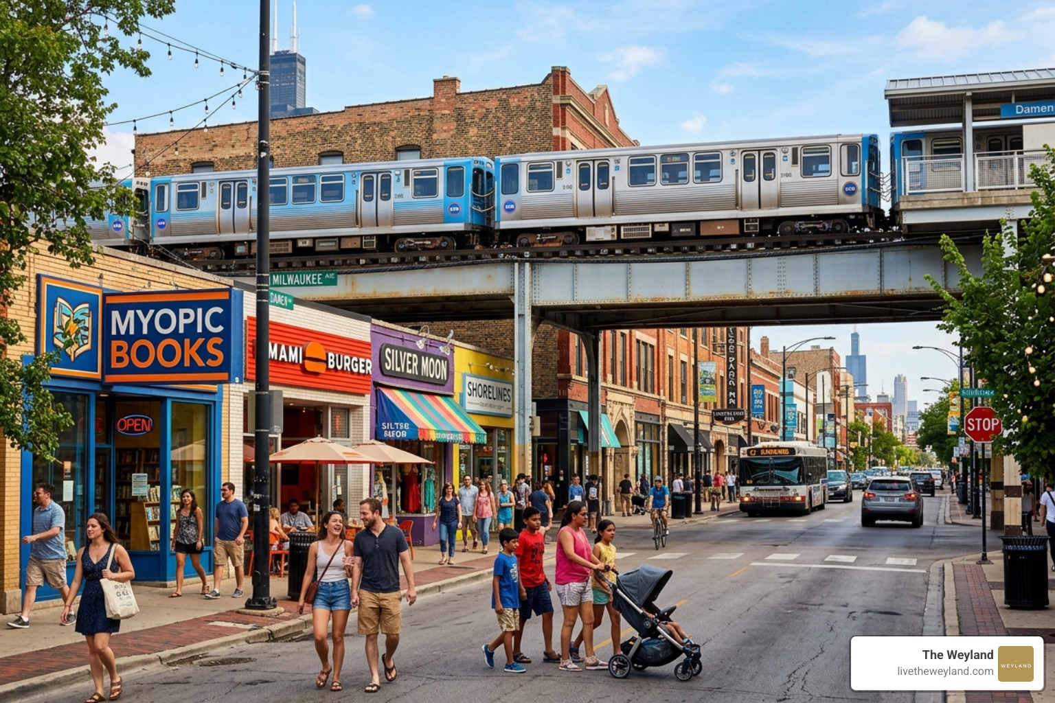 vibrant Wicker Park street scene with boutiques and CTA train - small apartment chicago vibrant Wicker Park street scene with boutiques and CTA train - small apartment chicago
