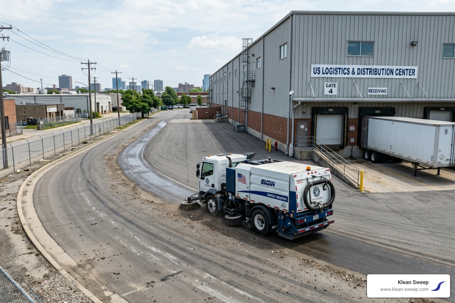Industrial warehouse exterior with wide paved access roads being cleaned - street sweeping Industrial warehouse exterior with wide paved access roads being cleaned - street sweeping