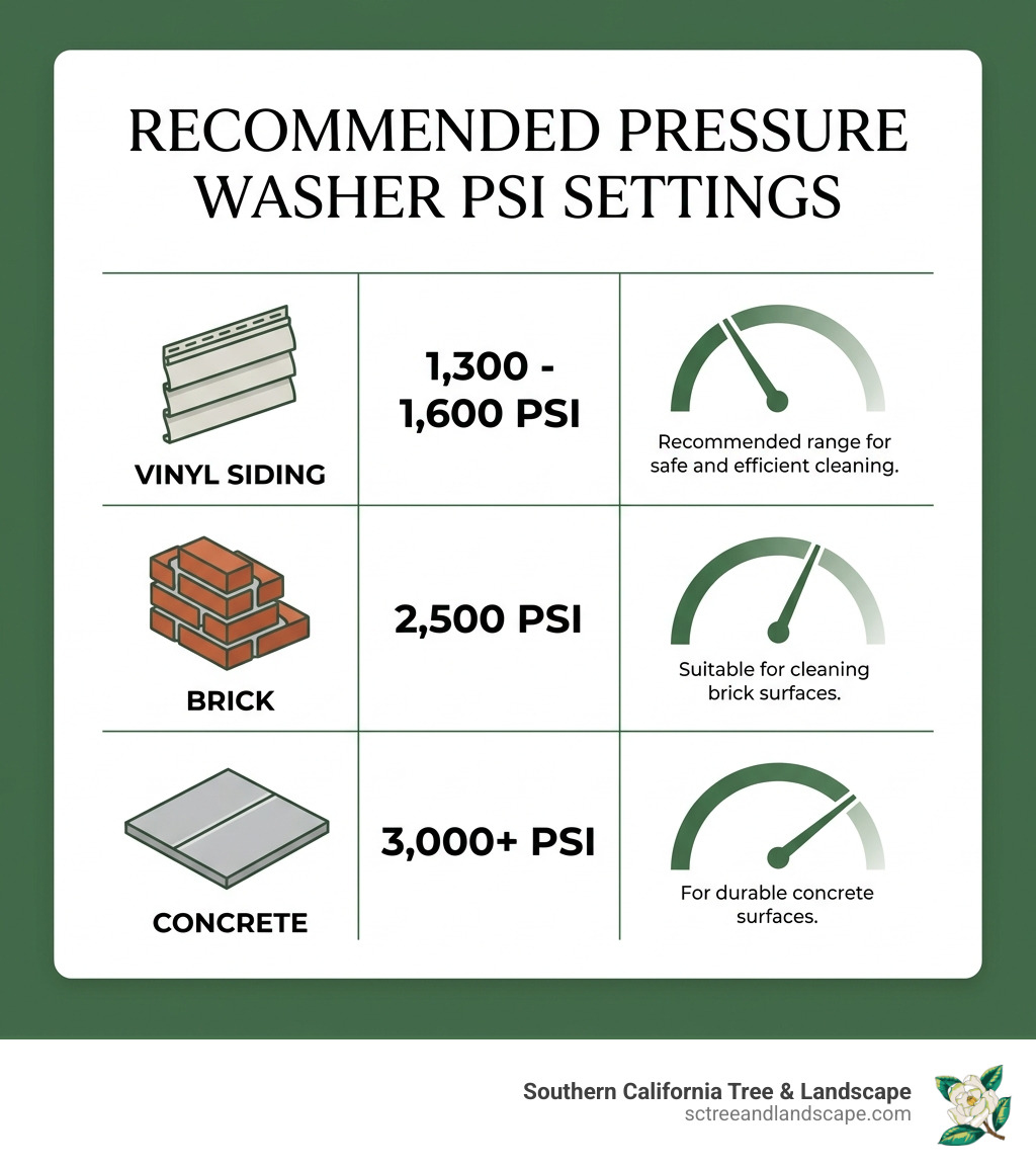 Table comparing recommended PSI settings: Vinyl (1,300-1,600), Brick (2,500), Concrete (3,000+) - pressure wash vinyl siding Table comparing recommended PSI settings: Vinyl (1,300-1,600), Brick (2,500), Concrete (3,000+) - pressure wash vinyl siding