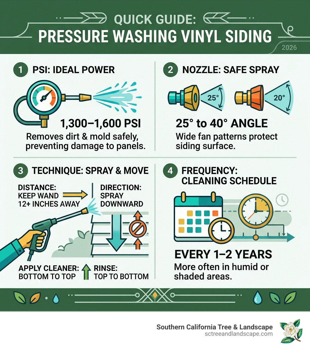 Quick guide to pressure washing vinyl siding: PSI, nozzle, technique, and frequency - pressure wash vinyl siding infographic Quick guide to pressure washing vinyl siding: PSI, nozzle, technique, and frequency - pressure wash vinyl siding infographic