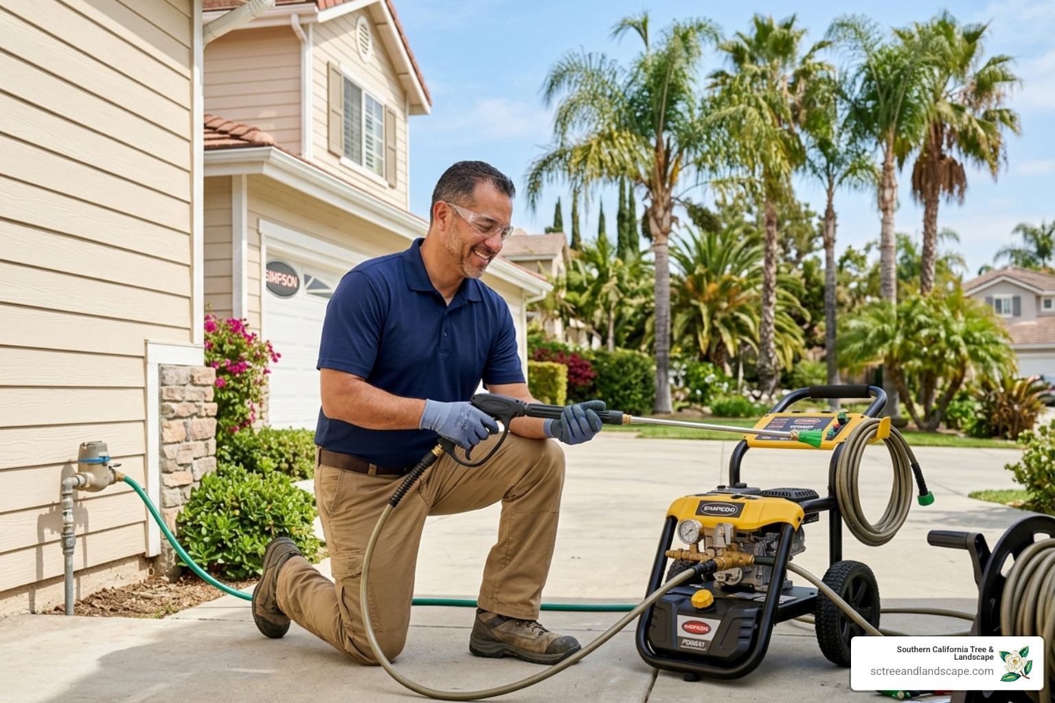 Homeowner in Southern California wearing safety goggles and gloves while preparing a pressure washer - pressure wash vinyl Homeowner in Southern California wearing safety goggles and gloves while preparing a pressure washer - pressure wash vinyl