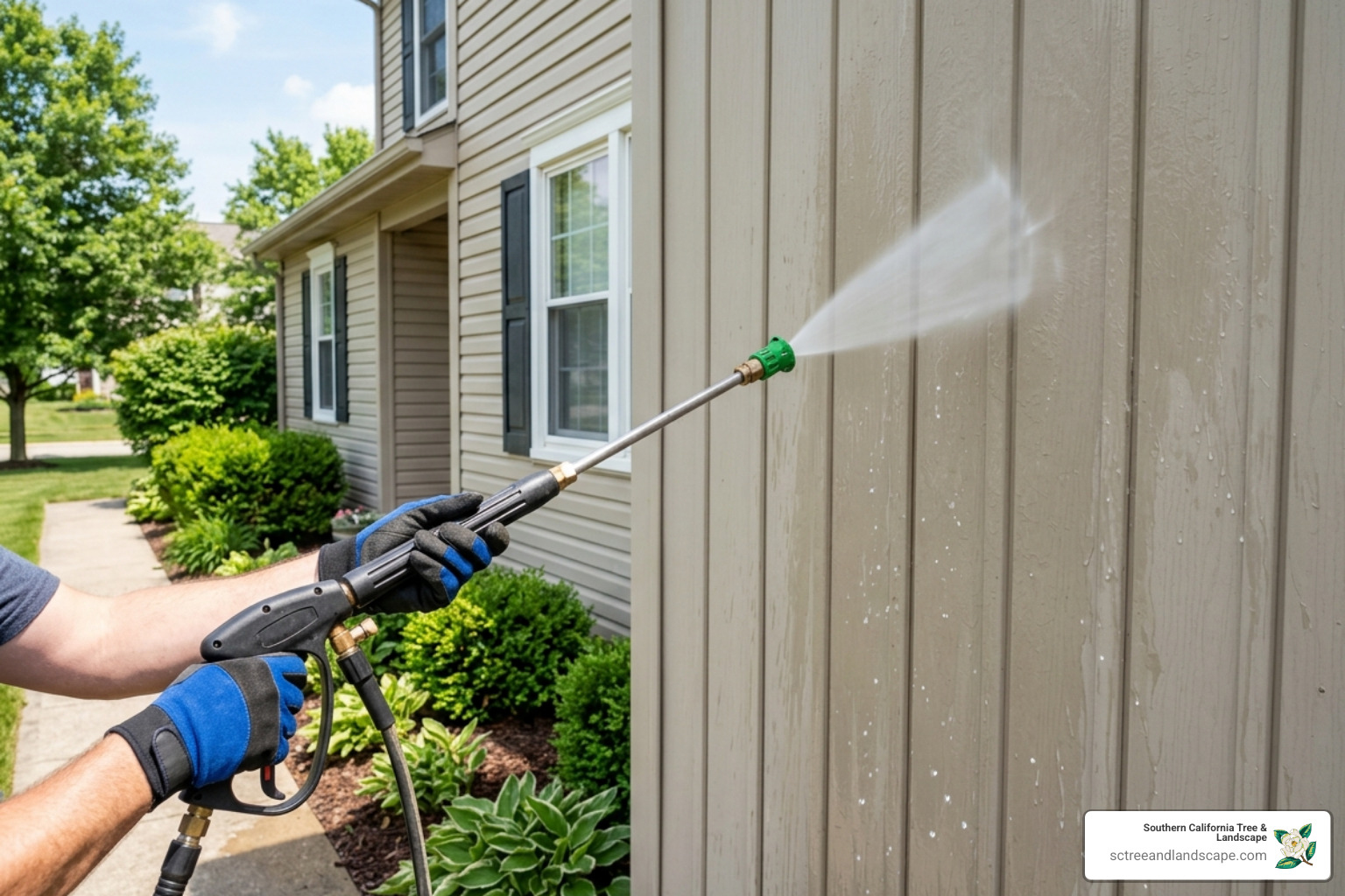 Pressure washer wand held at a safe 45-degree downward angle from vinyl siding - pressure wash vinyl siding Pressure washer wand held at a safe 45-degree downward angle from vinyl siding - pressure wash vinyl siding