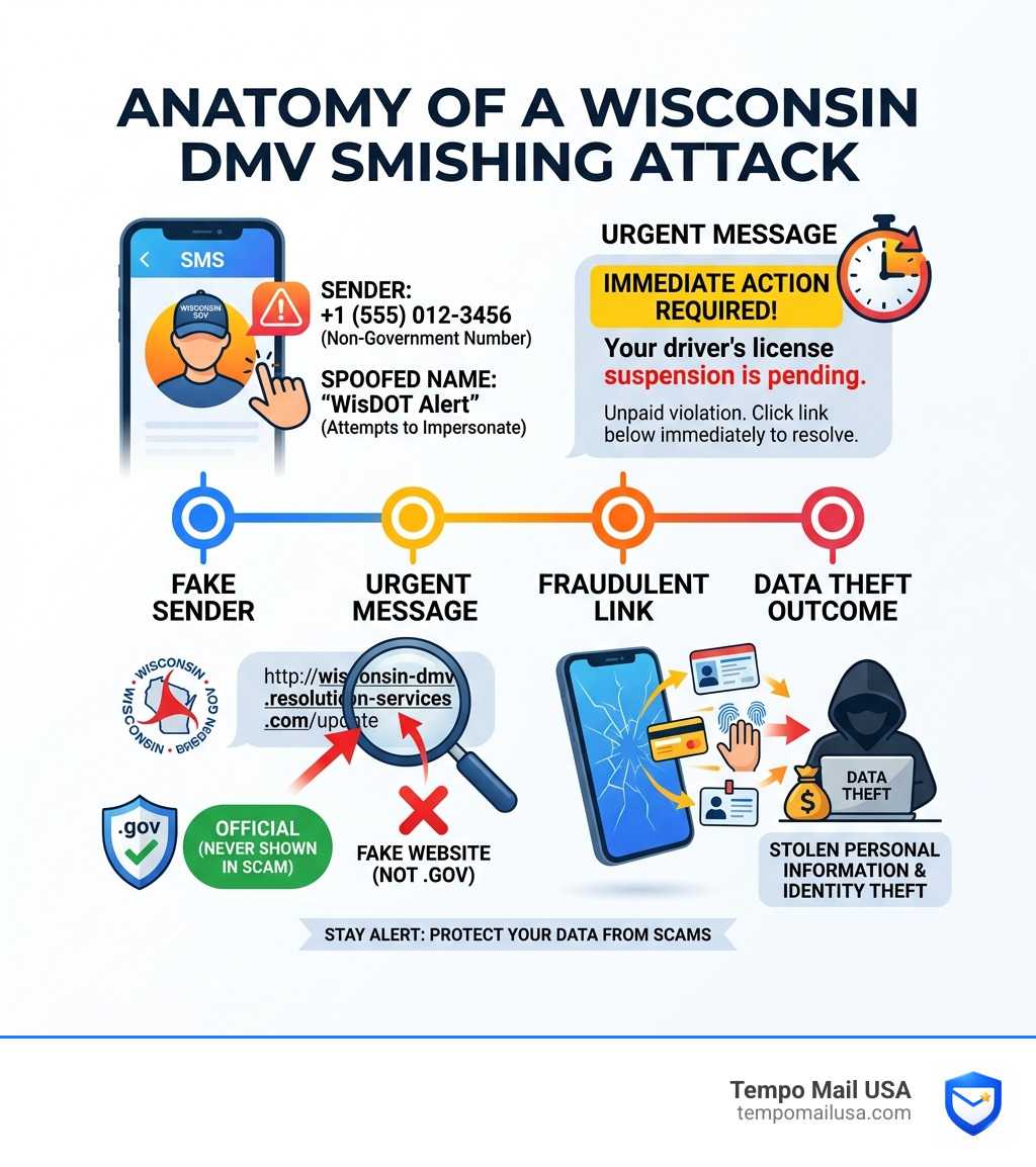 Infographic: anatomy of a Wisconsin DMV smishing attack showing fake sender, urgent message, fraudulent link, and data theft