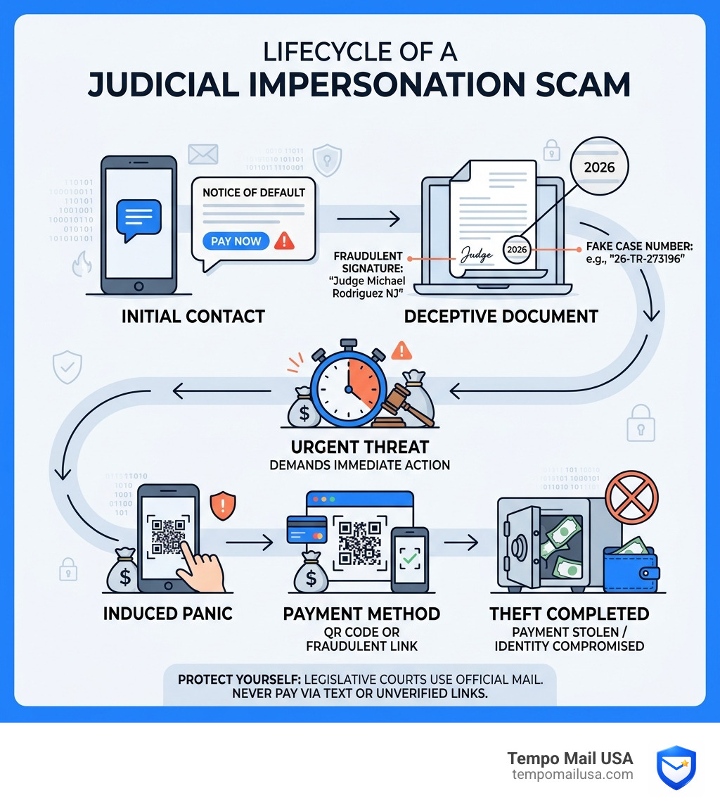 Lifecycle of a judicial impersonation scam from fake text to payment theft - judge michael rodriguez nj infographic Lifecycle of a judicial impersonation scam from fake text to payment theft - judge michael rodriguez nj infographic