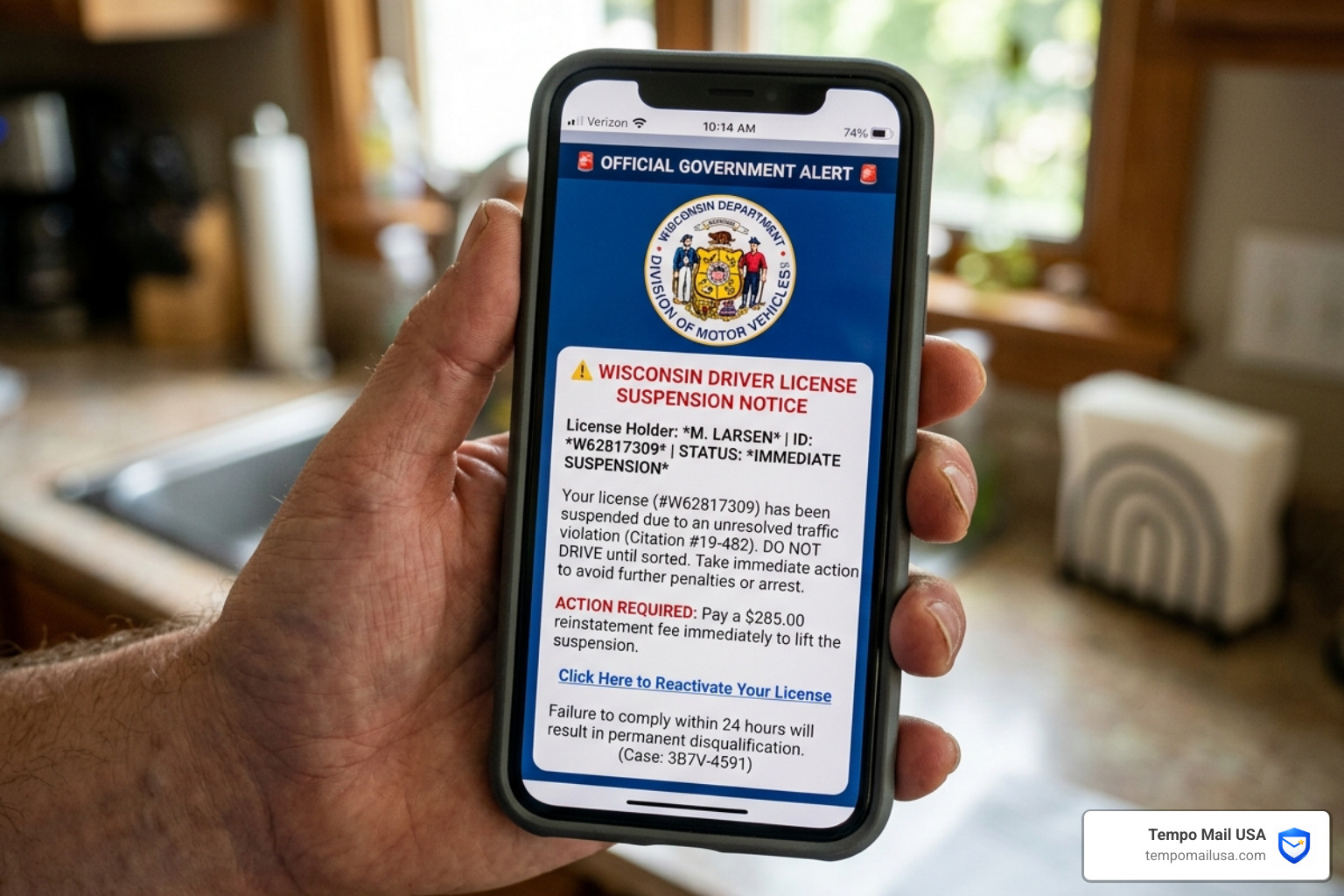 Warning screen showing a fraudulent license suspended notification - wisconsin dmv scam