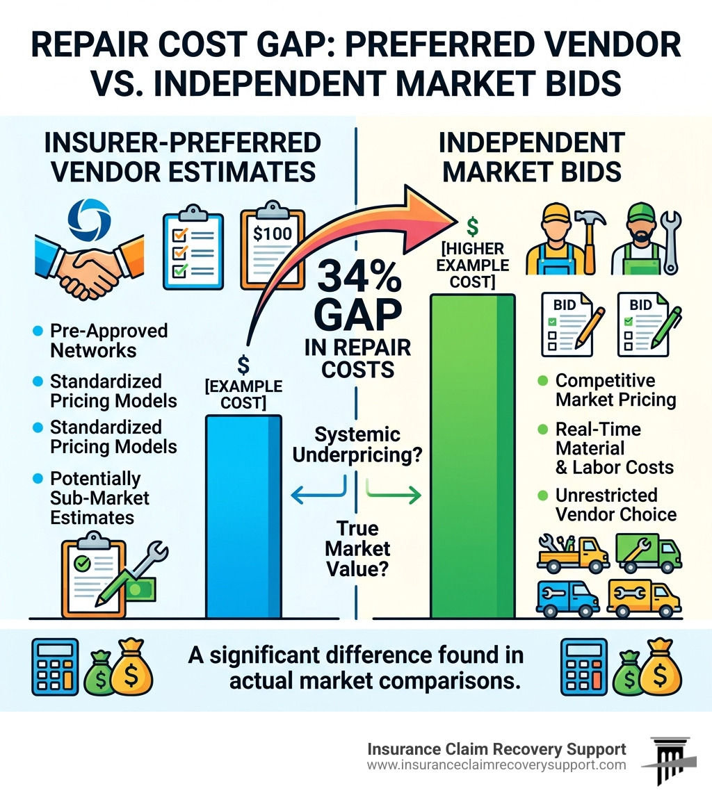 Infographic: Insurer-preferred vendor estimates vs. independent market bids showing a 34% gap in repair costs - Insurance