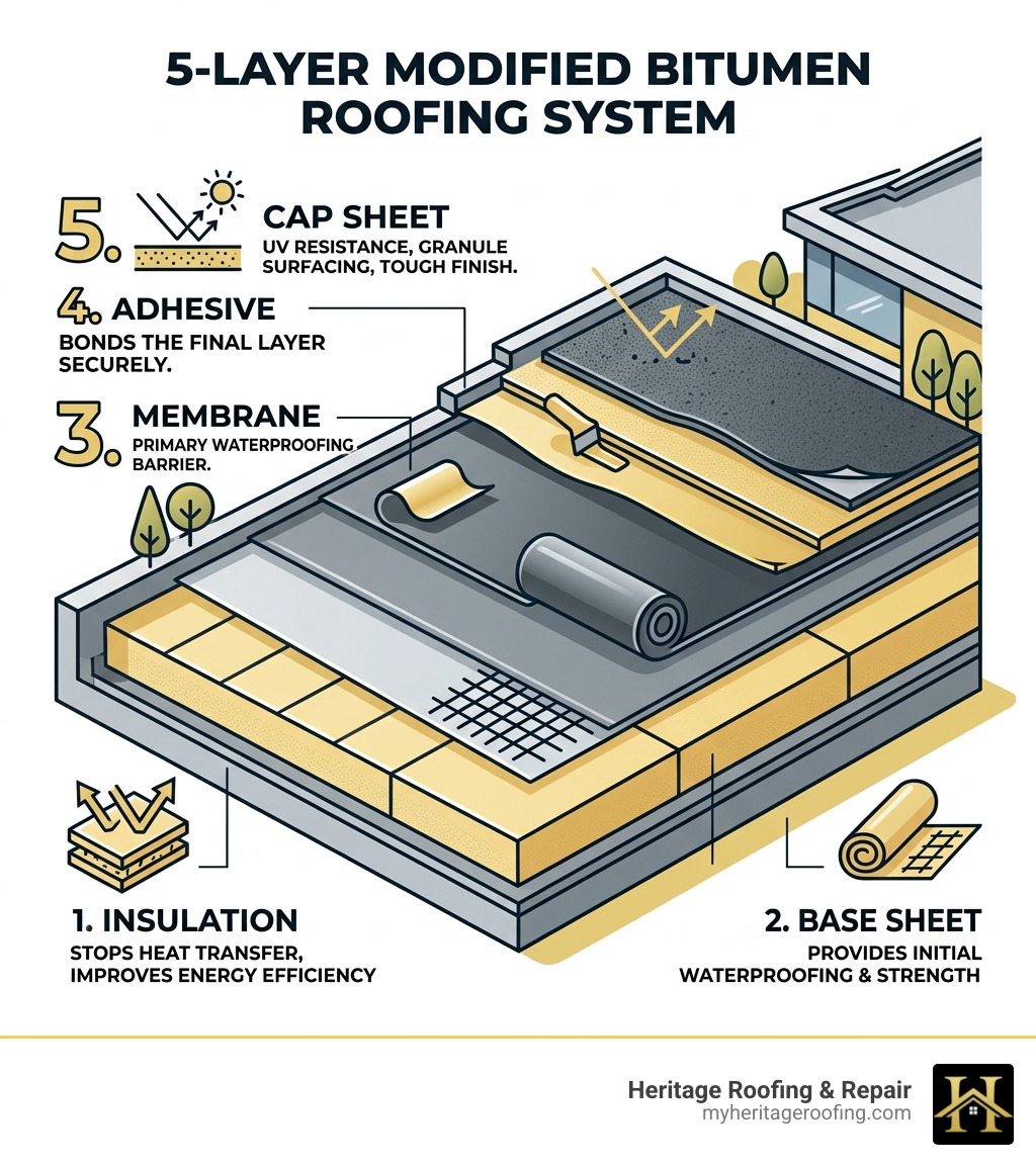 5-layer modified bitumen roofing system diagram showing insulation, base sheet, membrane, adhesive, and cap sheet - modified