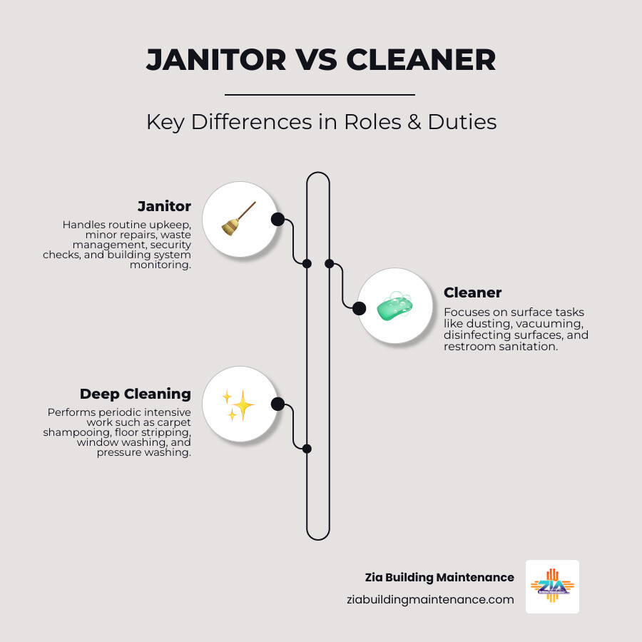 Infographic comparing janitor vs cleaner roles, duties, frequency, and scope of work - janitor and cleaner infographic Infographic comparing janitor vs cleaner roles, duties, frequency, and scope of work - janitor and cleaner infographic