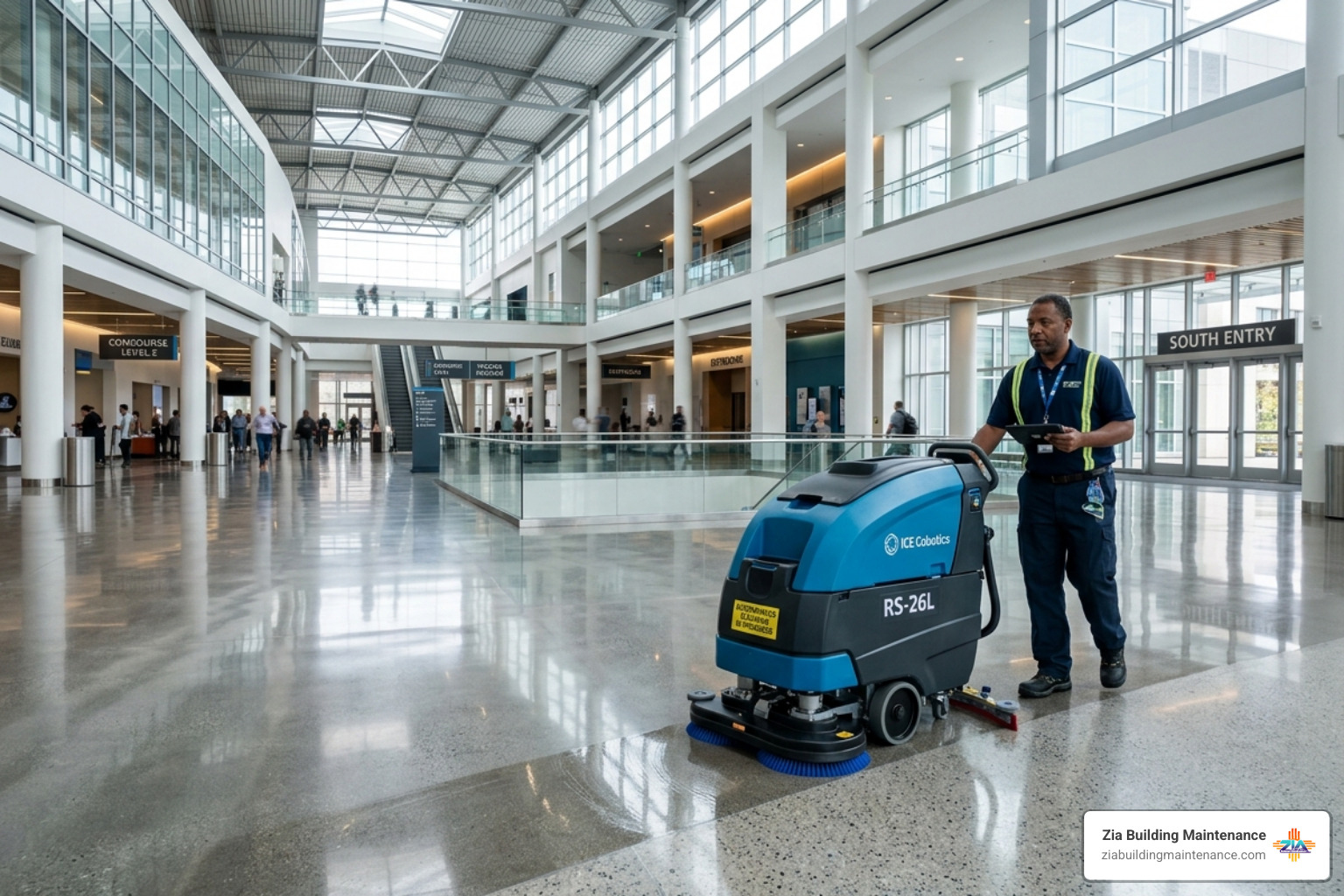 worker using high-tech floor scrubbing equipment in a large facility - janitor and cleaner worker using high-tech floor scrubbing equipment in a large facility - janitor and cleaner