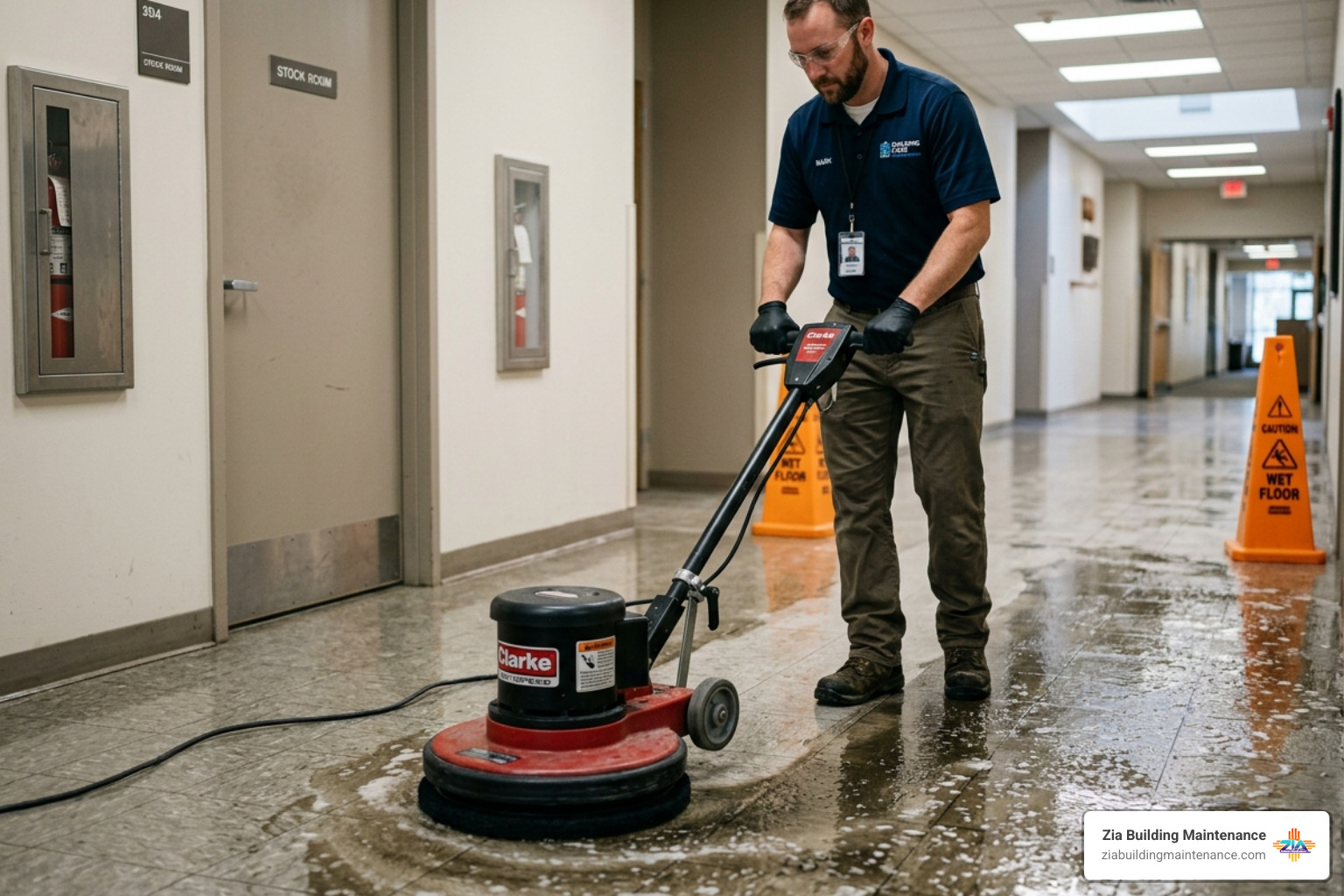 Floor technician using a rotary machine to strip VCT floor - vct tile care Floor technician using a rotary machine to strip VCT floor - vct tile care