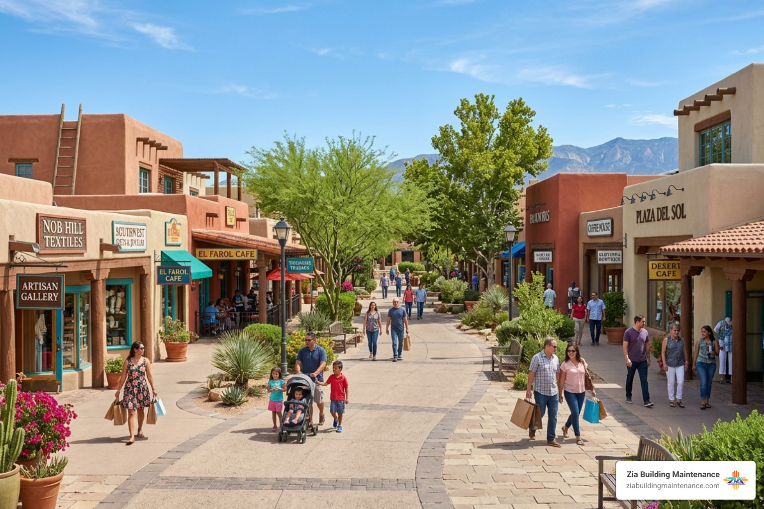 A busy Albuquerque shopping center with clean walkways and vibrant storefronts - Shopping center maintenance Albuquerque A busy Albuquerque shopping center with clean walkways and vibrant storefronts - Shopping center maintenance Albuquerque