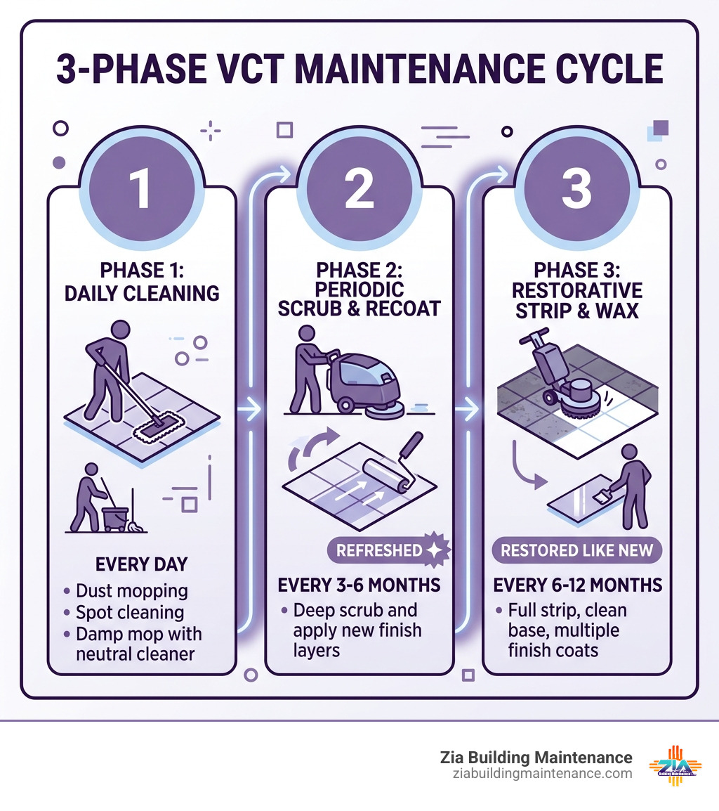 3-phase VCT maintenance cycle: Daily cleaning, Periodic scrub and recoat, Restorative strip and wax - vct tile care 3-phase VCT maintenance cycle: Daily cleaning, Periodic scrub and recoat, Restorative strip and wax - vct tile care