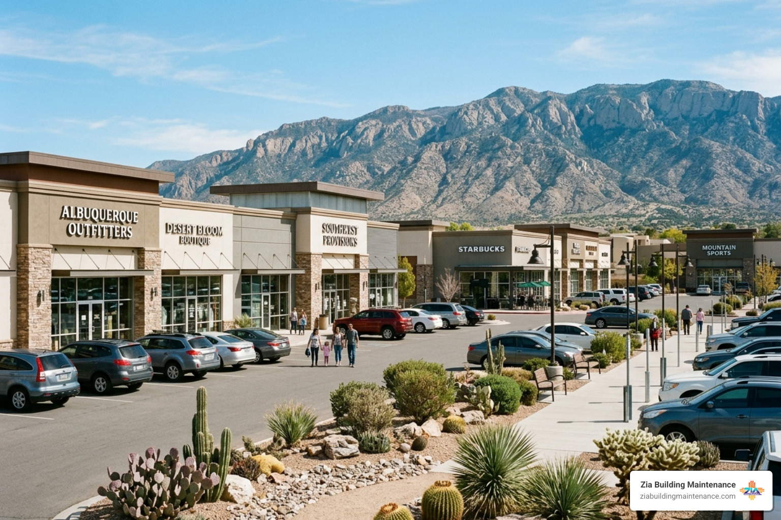 A retail center in Albuquerque with the Sandia Mountains in the background, showing desert landscaping - Shopping center A retail center in Albuquerque with the Sandia Mountains in the background, showing desert landscaping - Shopping center