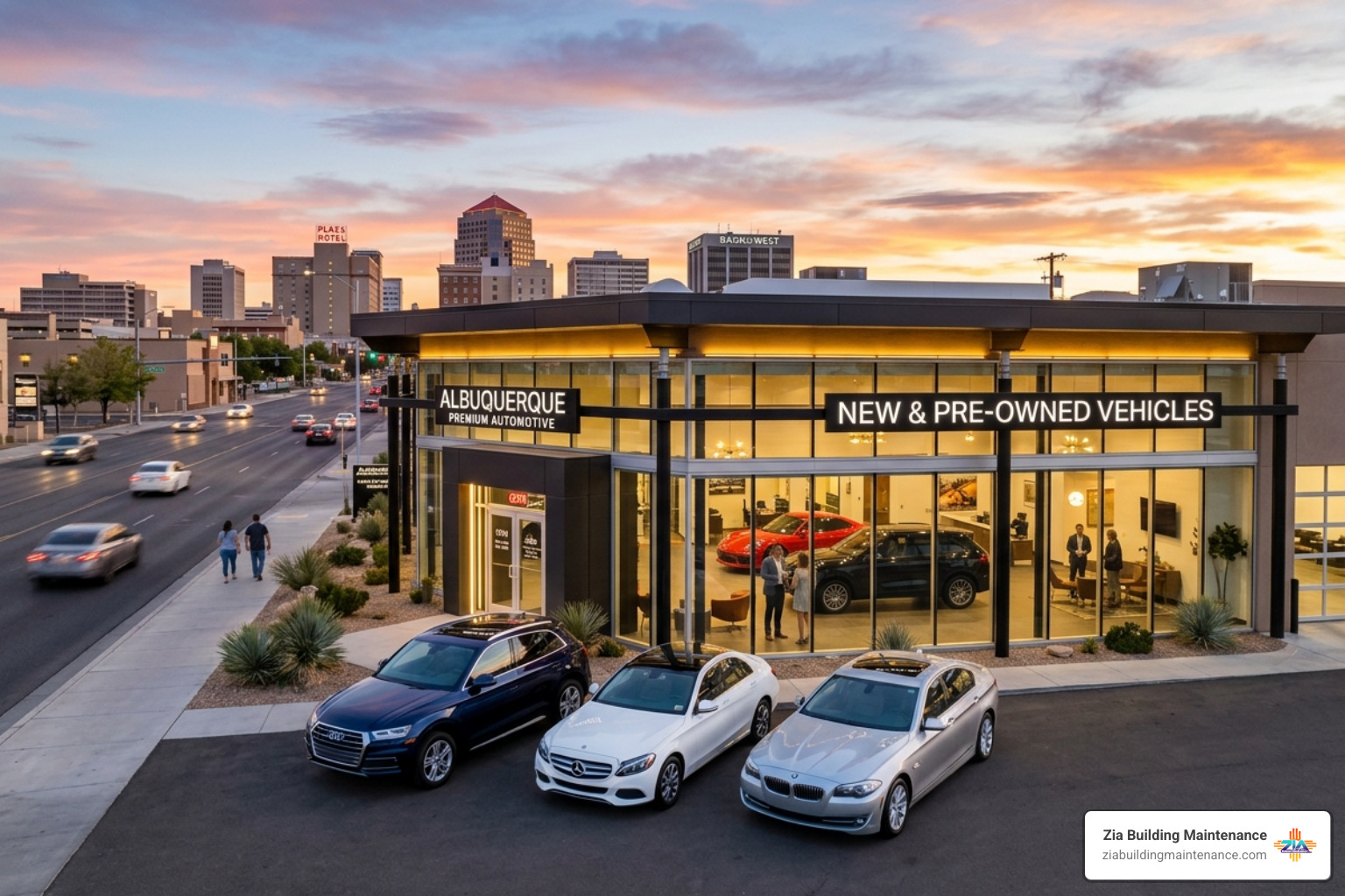 The exterior of a modern car dealership in Downtown Albuquerque at sunset, perfectly clean and inviting - professional auto The exterior of a modern car dealership in Downtown Albuquerque at sunset, perfectly clean and inviting - professional auto