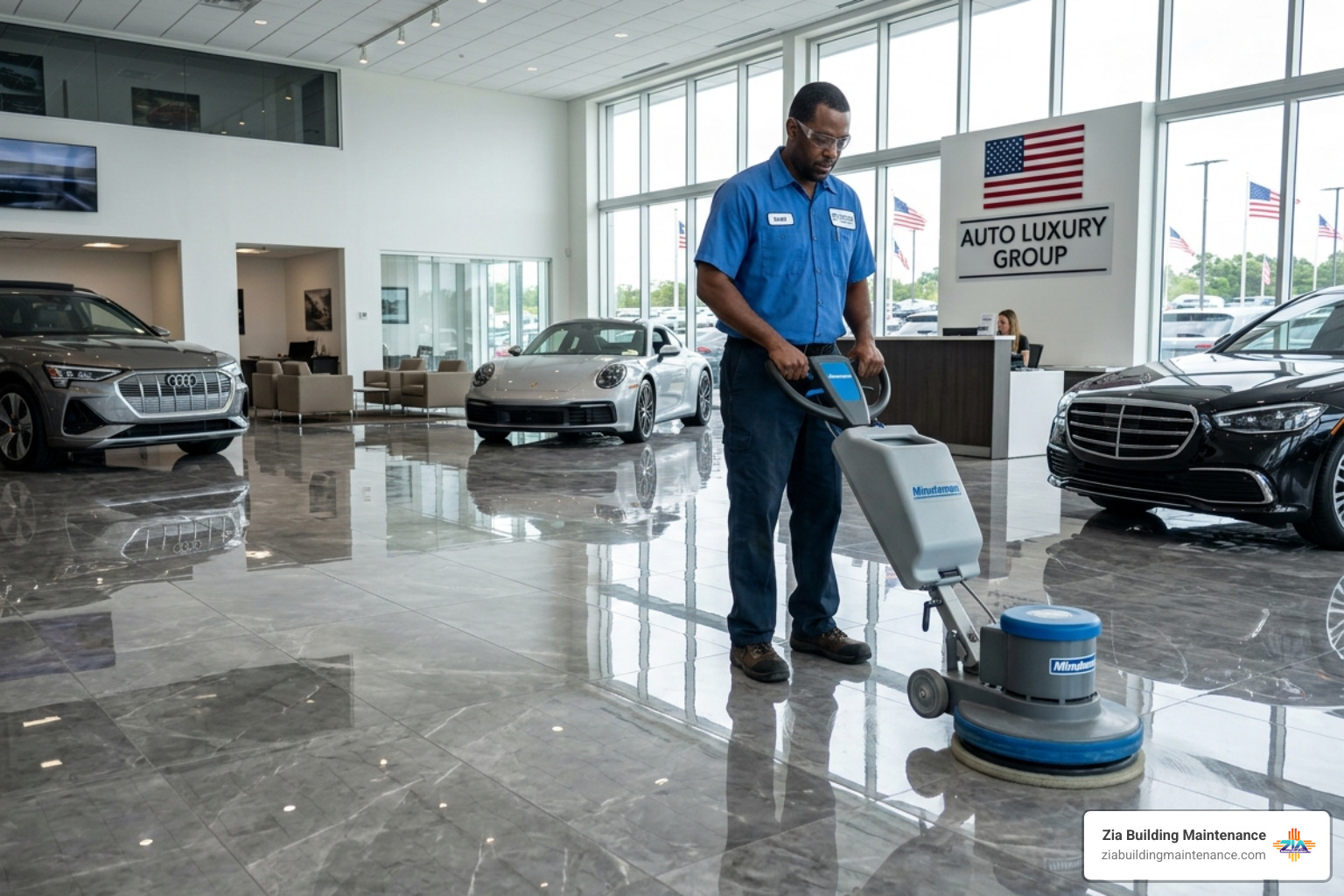 A professional janitor using a high-speed buffer to polish a showroom floor to a mirror finish - professional auto dealer A professional janitor using a high-speed buffer to polish a showroom floor to a mirror finish - professional auto dealer