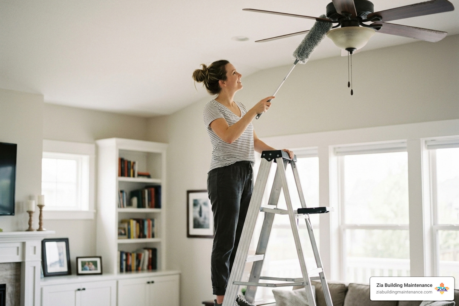 technician using a telescopic pole to dust a high ceiling - dusting high areas technician using a telescopic pole to dust a high ceiling - dusting high areas