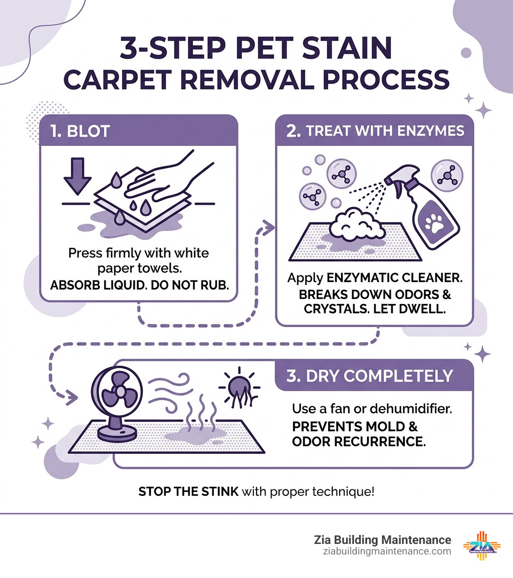 3-step pet stain carpet removal process: Blot, Treat with enzymes, Dry completely - pet stain carpet removal infographic 3-step pet stain carpet removal process: Blot, Treat with enzymes, Dry completely - pet stain carpet removal infographic