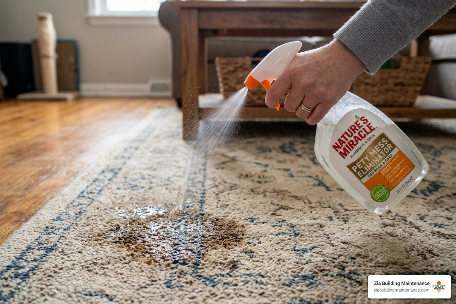 an enzymatic cleaner bottle being applied to a rug - pet stain carpet removal an enzymatic cleaner bottle being applied to a rug - pet stain carpet removal