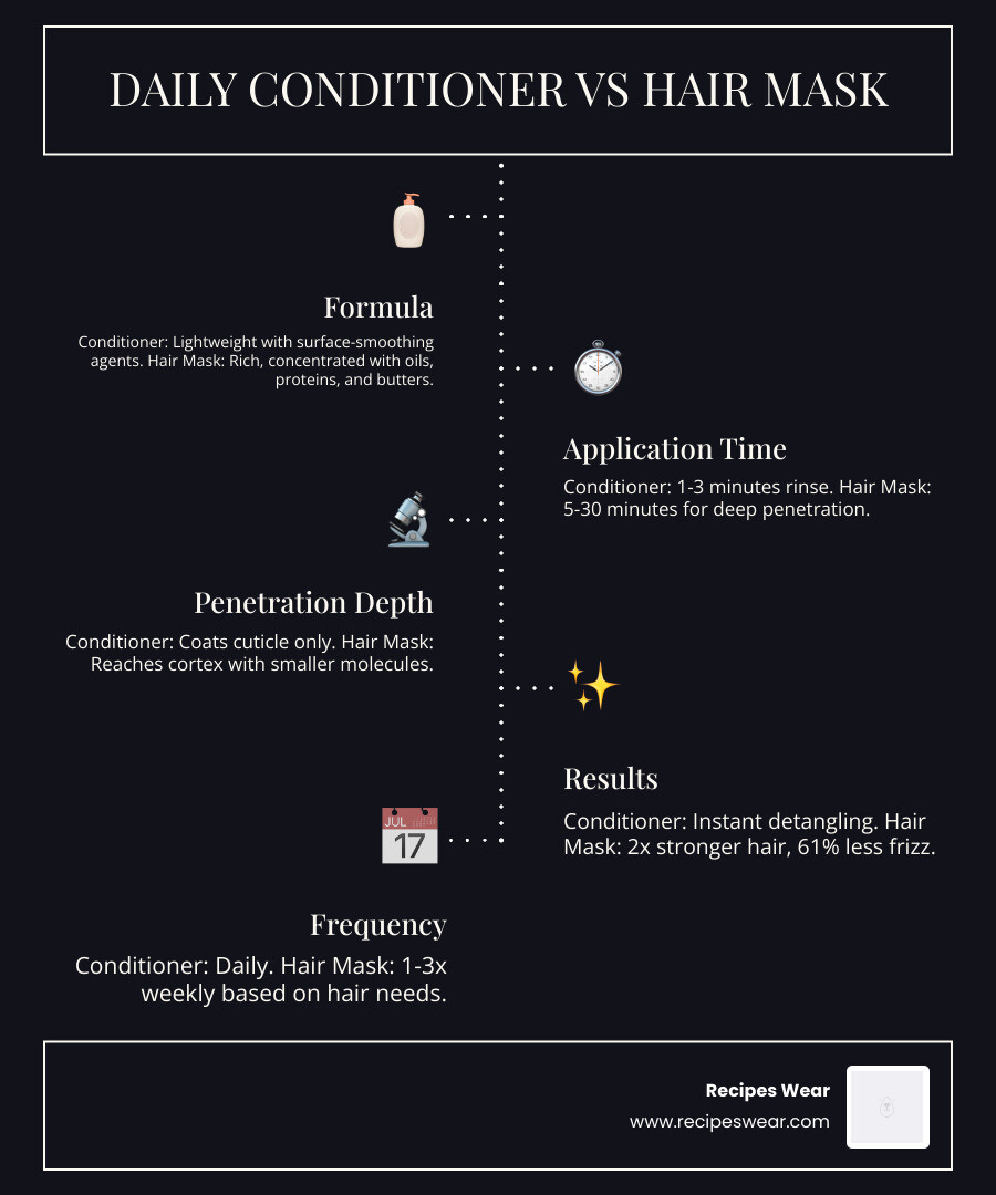 Infographic: daily conditioner vs intensive hair mask — key differences in formula, timing, and results - hair mask