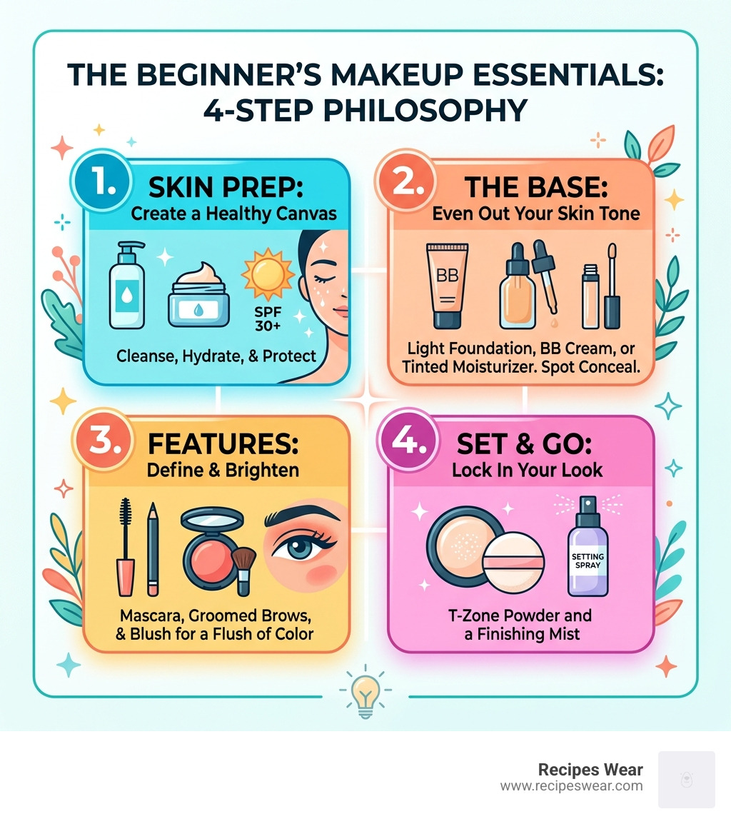 4-step beginner makeup routine philosophy infographic showing skin prep, base, features, and setting - basic makeup routine